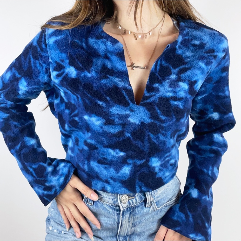 Vintage 90s/Y2K Blue Water Abstract Print Fleece Sweater